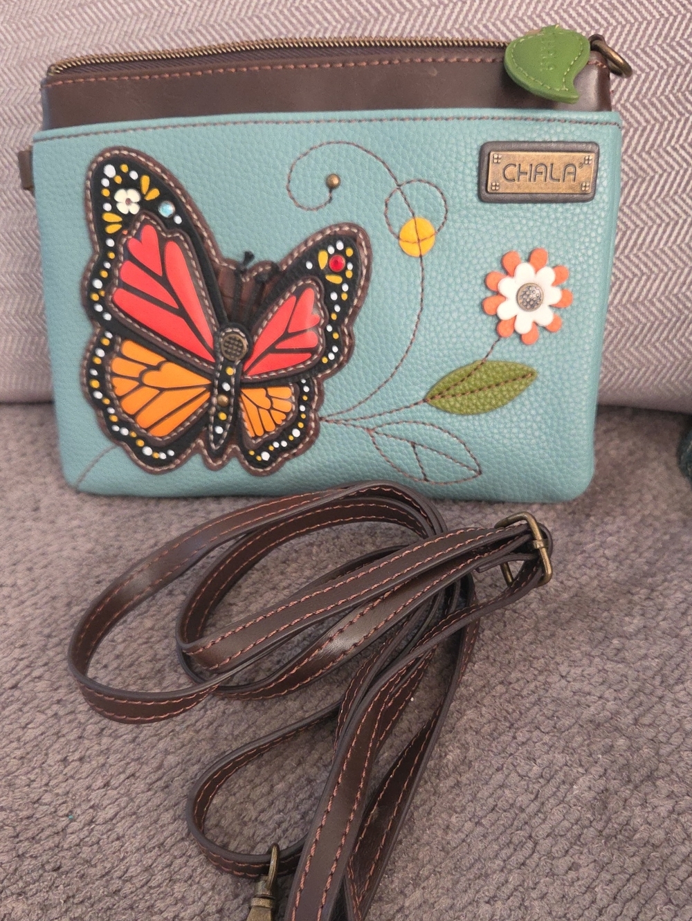 Chala Turquoise Butterfly Applique Crossbody Bag with Brown Strap